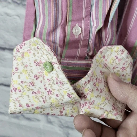 Vintage Ezra Fitch Striped Long Sleeve Button Front Shirt Pink Green Medium M - Picture 5 of 6